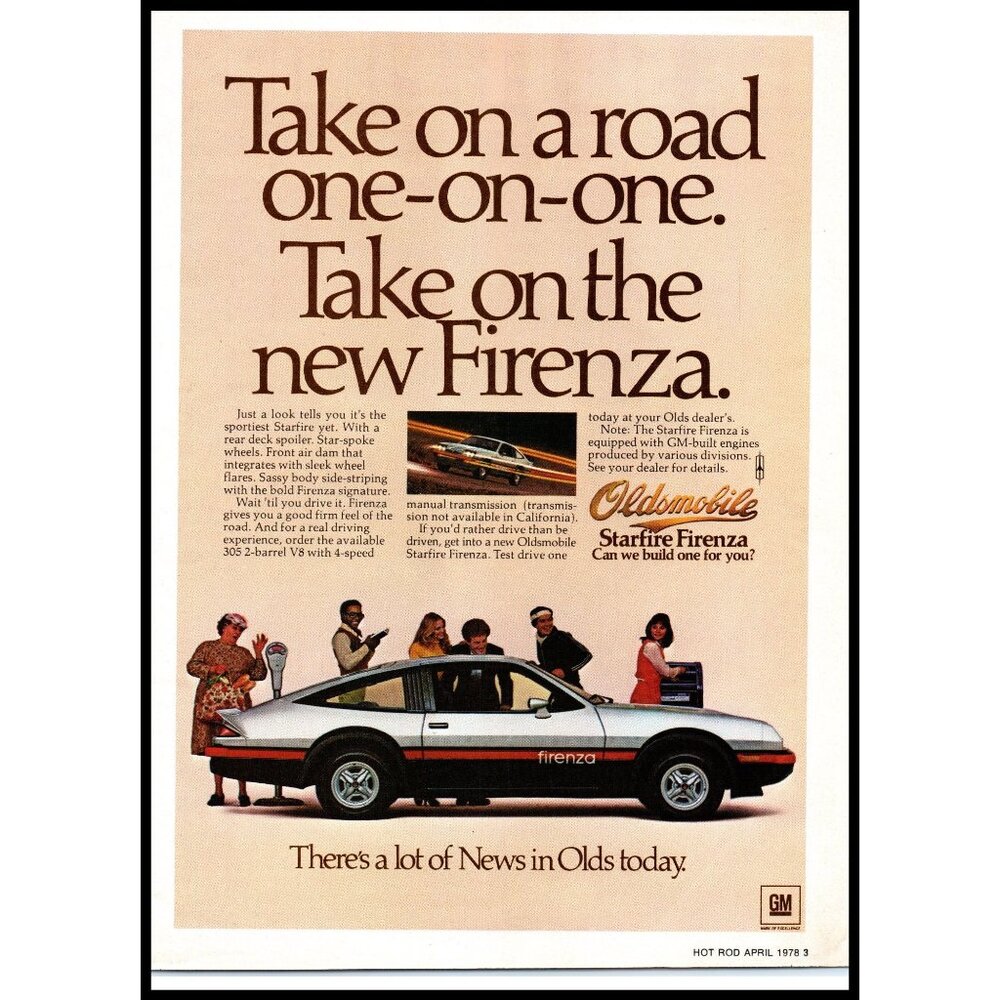 1978 Oldsmobile Starfire Firenza Vintage Print Ad 70s Hatchback Wall Art Photo